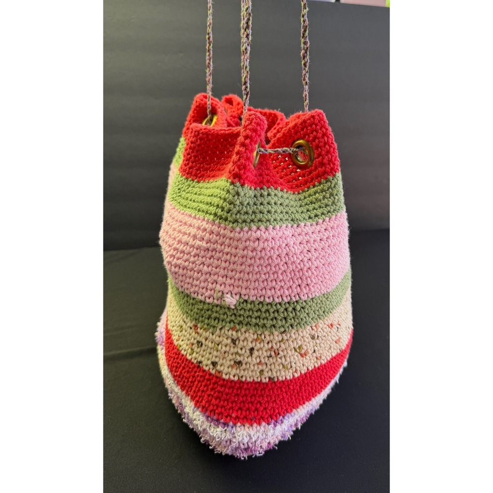 Handcrafted Crochet Bucket Bag Pink Green Striped Boho Drawstring Purse Whimsy - Picture 4 of 12
